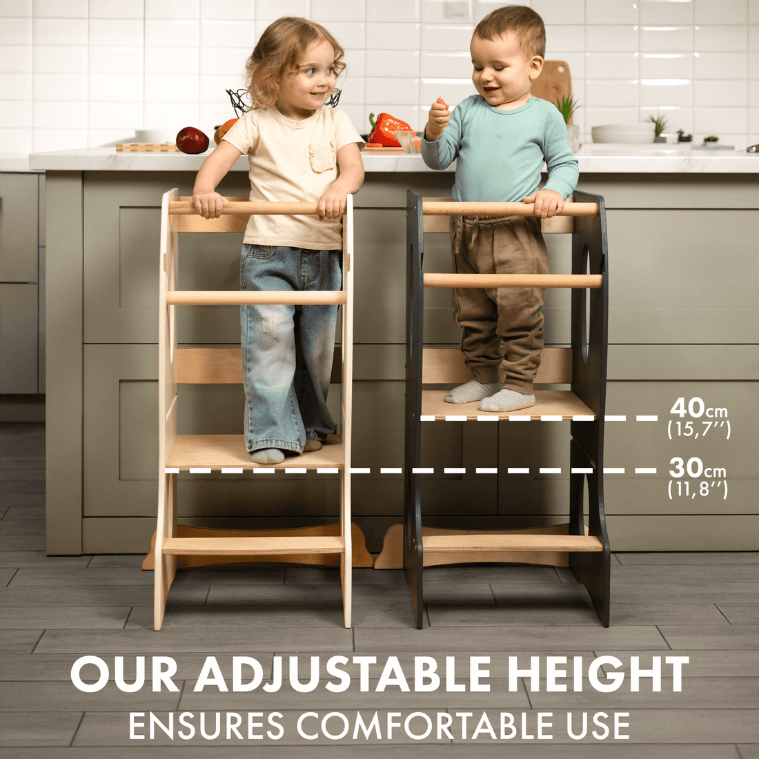 Stable Montessori Learning Tower: Grow-With-Me Wooden High Chair – Beige