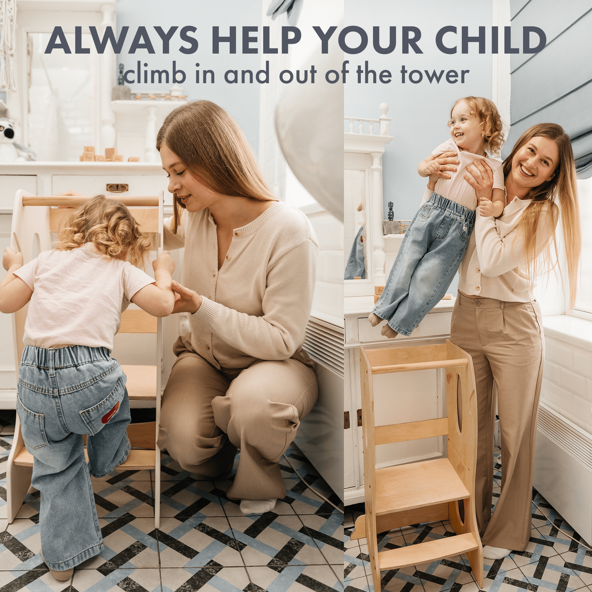 Stable Montessori Learning Tower: Grow-With-Me Wooden High Chair – Beige