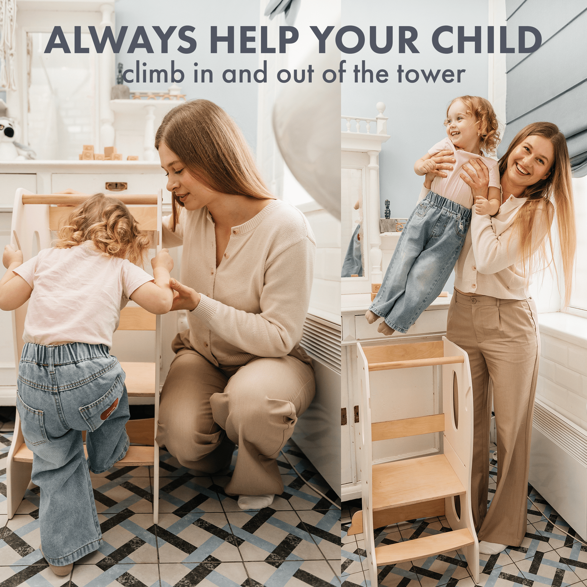 Stable Montessori Learning Tower: Grow-with-Me Wooden Kids' Chair – Ivory