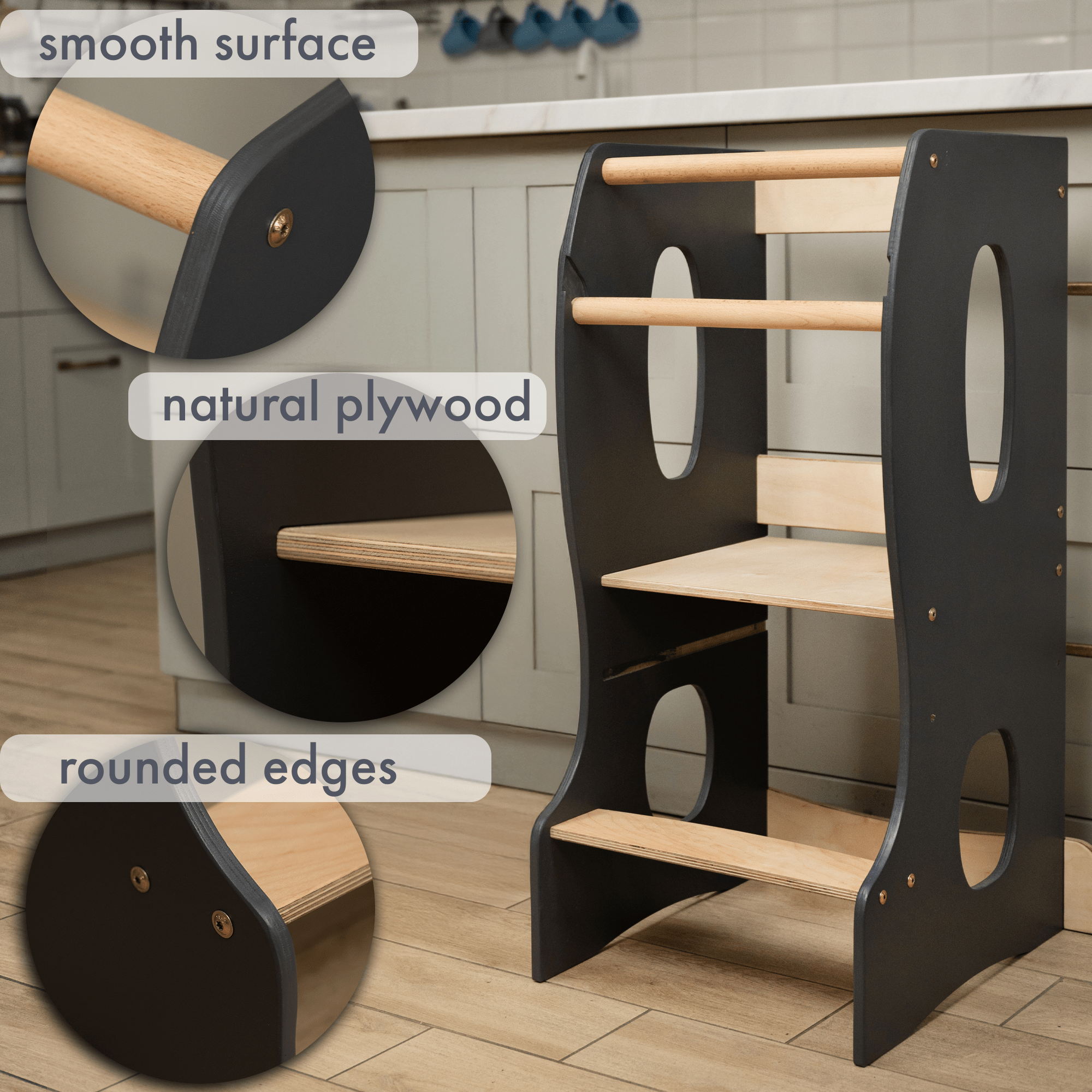 Stable Montessori Learning Tower: Grow-with-Me Wooden High Chair – Gray