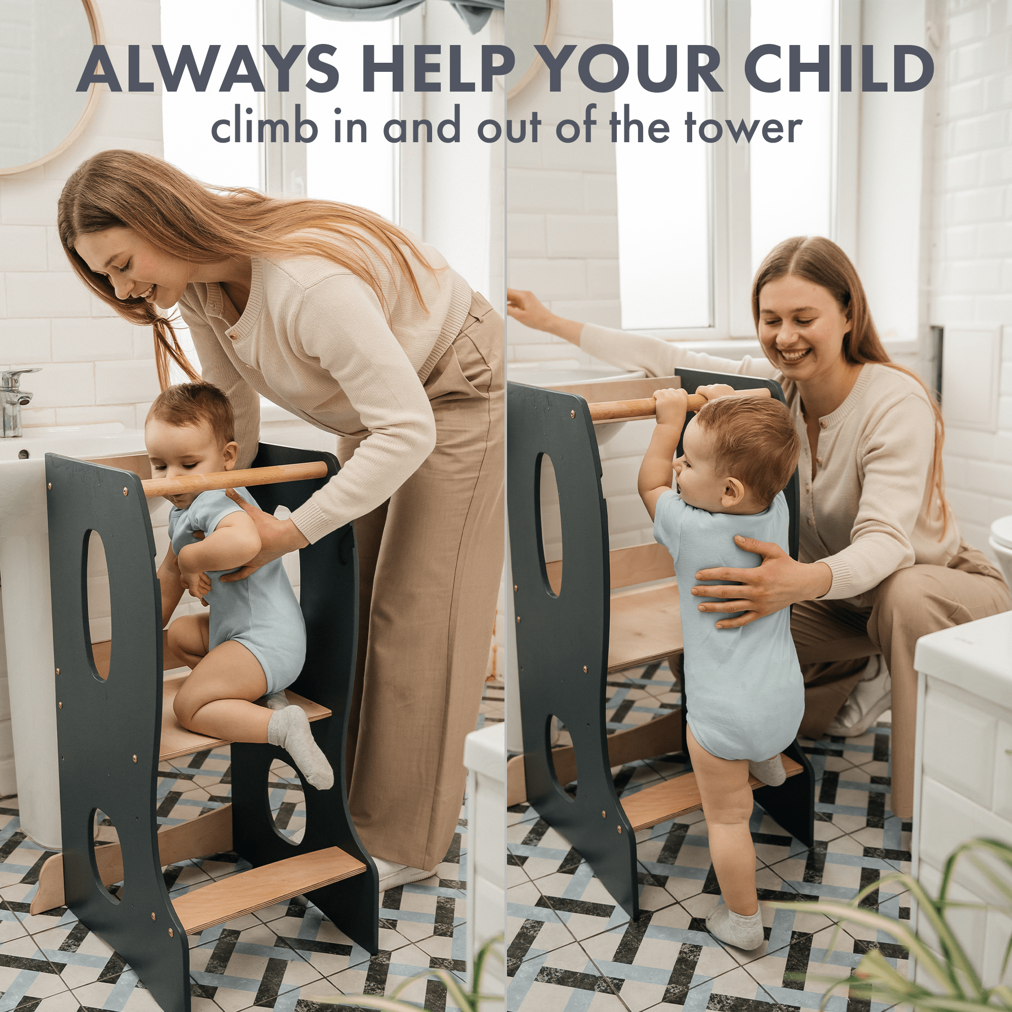 Stable Montessori Learning Tower: Grow-with-Me Wooden High Chair – Gray