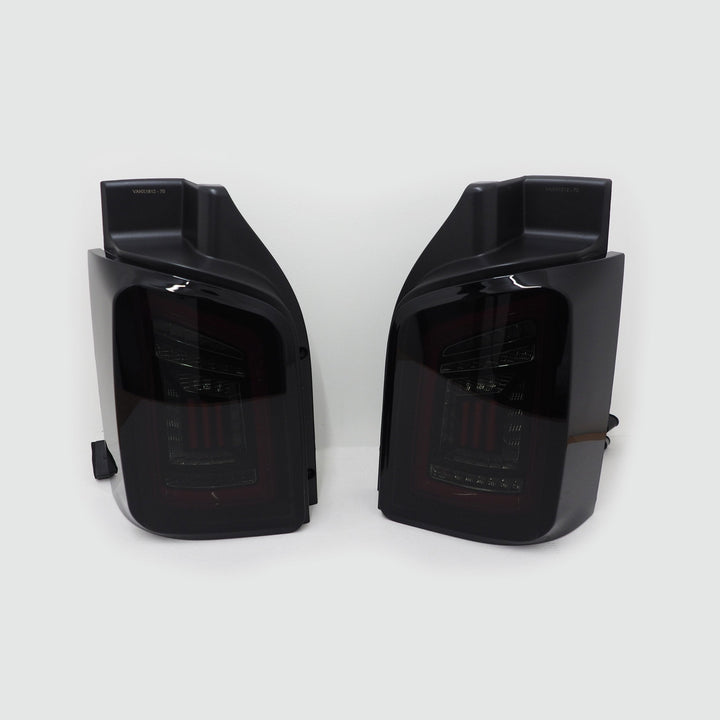 For VW T5, T5.1 Smoked Barn Door LHD Rear Lights Red Bars LED Left Hand Drive Van only MK3
