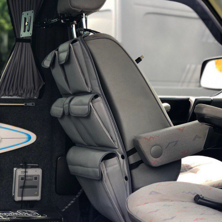 For VW T4 Transporter Caravelle Campervan Single &amp; Captain's Seat Leatherette Back Seat Organizer – Van Storage Solution
